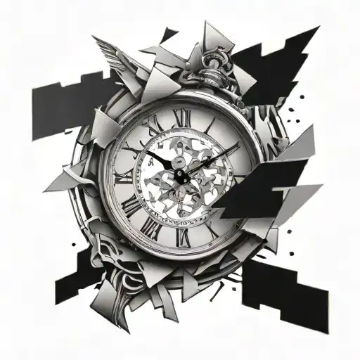 A clock with shattered pieces falling off, each one representing a different memory or moment from the client's past with their broken family tattoo design idea