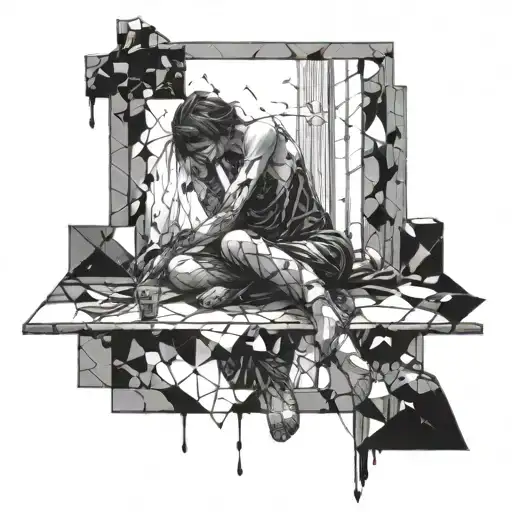 A solitary figure sitting in a room filled with broken mirrors, reflecting different aspects of their past relationships tattoo design idea