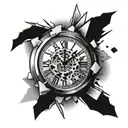 A clock with shattered pieces falling off, each one representing a different memory or moment from the client's past with their broken family tattoo design idea