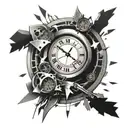 A clock with shattered pieces falling off, each one representing a different memory or moment from the client's past with their broken family tattoo design idea