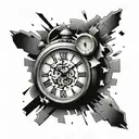 A clock with shattered pieces falling off, each one representing a different memory or moment from the client's past with their broken family tattoo design idea