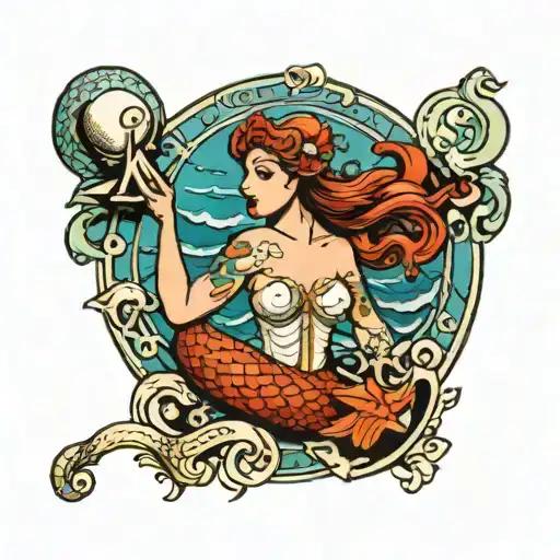 mermaid with a letter m surrounded by pearls tattoo design idea
