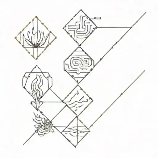 A minimalist tattoo design incorporating all four elements (earth, air, fire, water) in a geometric pattern for four fri tattoo design idea