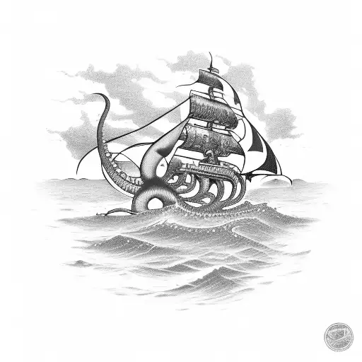 a kraken sea monster holding a modern ship in a bottle. tattoo design idea
