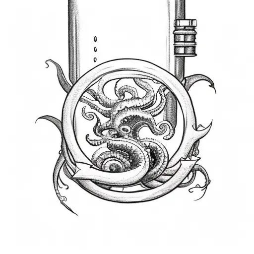 Make a drawing, tattoo style, of a full sized kraken sea monster holding a modern ship in a bottle. tattoo design idea