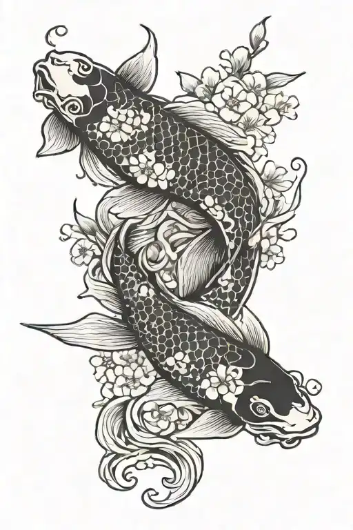 5 koi fish ying yang flowers blooming cherry blossom tattoo design idea