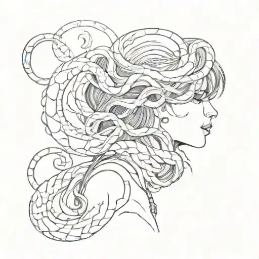 A silhouette of a dark-haired woman with snakes wrapped around her neck, symbolizing suffocating circumstances and internal conflicts. tattoo design idea