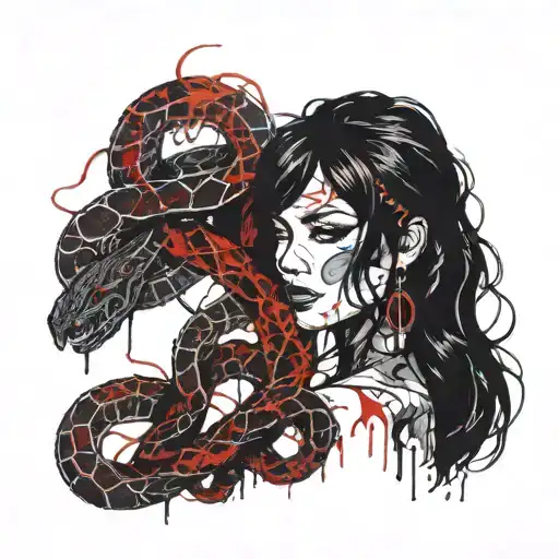 A silhouette of a dark-haired woman with snakes wrapped around her neck, symbolizing suffocating circumstances and internal conflicts. tattoo design idea