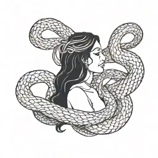 A silhouette of a dark-haired woman with snakes wrapped around her neck, symbolizing suffocating circumstances and internal conflicts. tattoo design idea