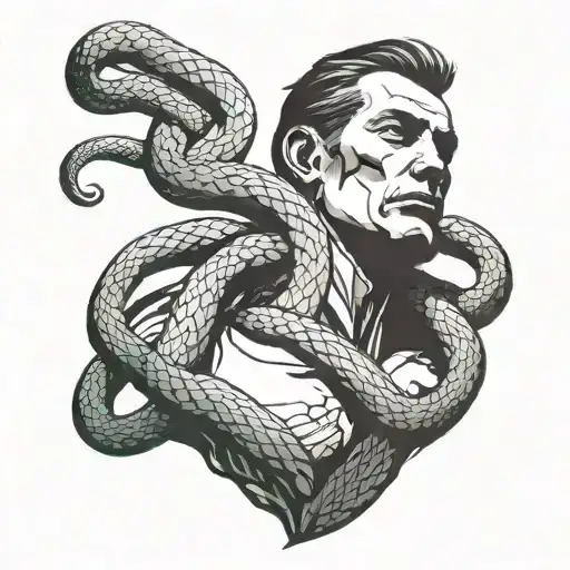 A silhouette of a man with snakes wrapped around his neck, symbolizing suffocating circumstances and internal conflicts. tattoo design idea