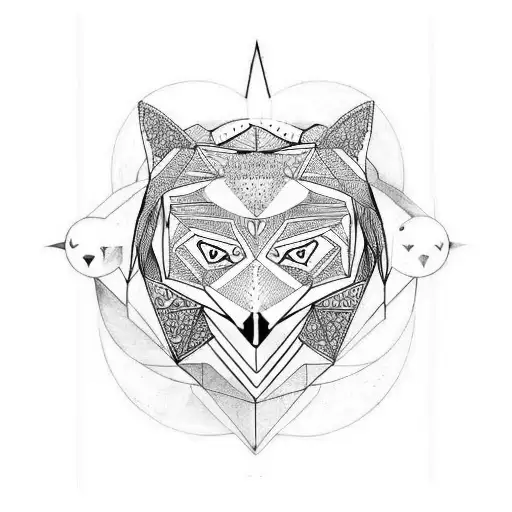 A geometric owl and wolf fusion, representing the balance between wisdom and wildness tattoo design idea