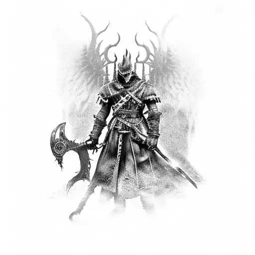 big piece themed around the games Dark Souls and Bloodborne tattoo design idea