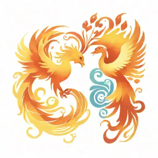 colorful couples tattoo with red hearts and rising phoenix out of blue waves  tattoo design idea