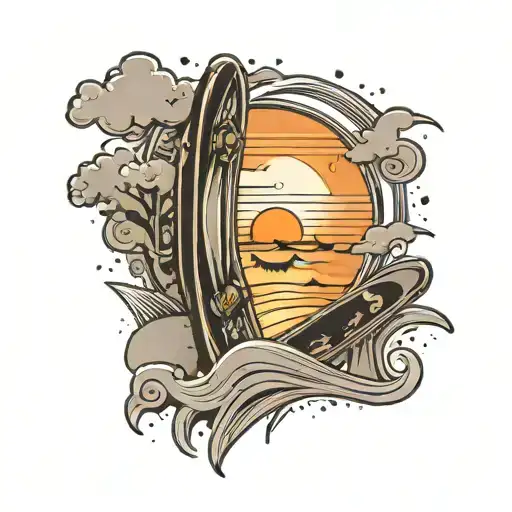 A black-grey tattoo of a beach sunset with skateboards scattered in the sand tattoo design idea
