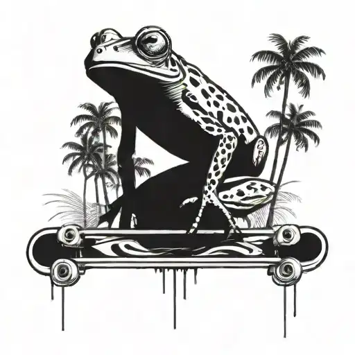 A detailed blackwork tattoo of a frog riding a skateboard through a palm tree forest tattoo design idea