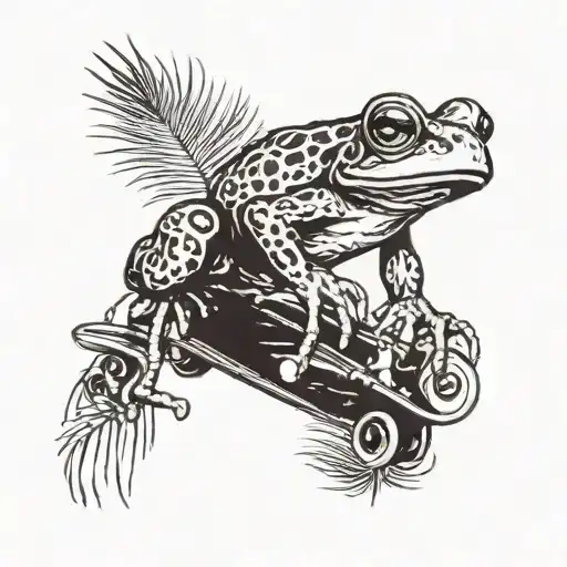 A detailed blackwork tattoo of a frog riding a skateboard through a palm tree forest tattoo design idea