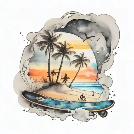 A black-grey tattoo of a beach sunset with skateboards scattered in the sand tattoo design idea