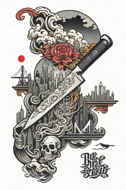 chef knife surrounded by nyc skyline tattoo design idea