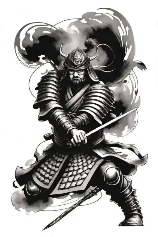 Japanese samurai warrior transitioning to a spiral galaxy tattoo design idea