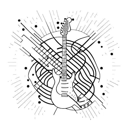 A minimalist design of an electric guitar with Juice Wrld's lyrics as the strings tattoo design idea