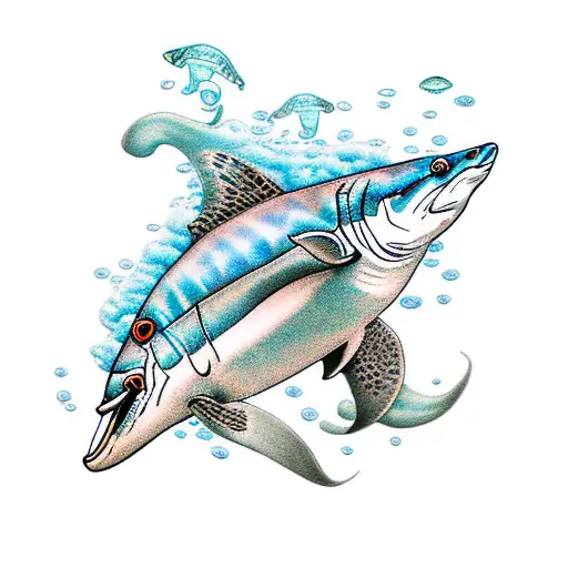 a full color sleeve of an underwater scene containing a swordfish, jellyfish, clownfish and sea turtle tattoo design idea