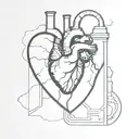 broken marble human heart revealing a mechanical part inside and two chimneys with black smoke  tattoo design idea