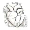 broken marble human heart revealing a mechanical part inside and two chimneys with black smoke  tattoo design idea