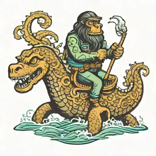 bigfoot riding the loch Ness monster  tattoo design idea
