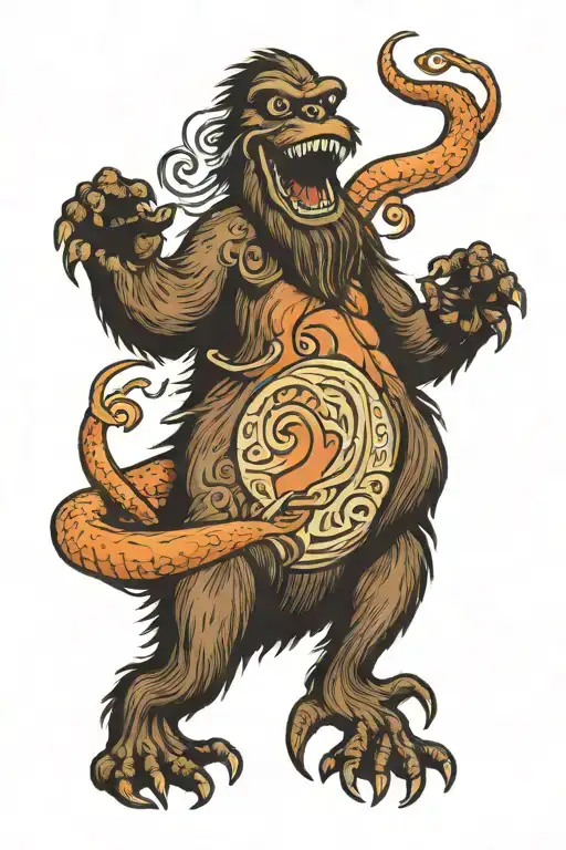 bigfoot riding the loch Ness monster  tattoo design idea