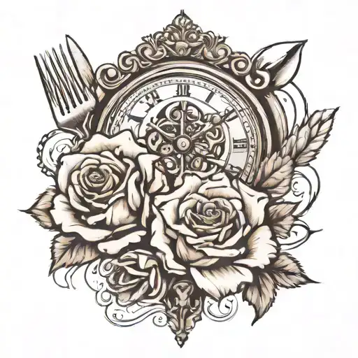 2 roses on Top of the shoulder with a fork clock with the hour hand pointed at 8 and the minute hand at a 2 with a lion  tattoo design idea