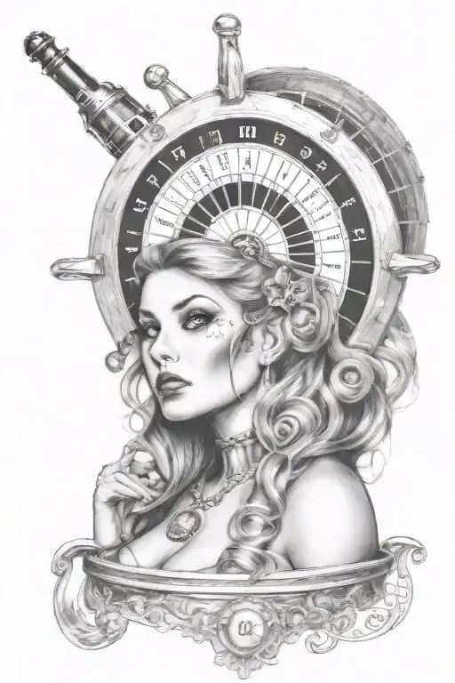 roulette wheel ball on 0 with women face morphing tattoo design idea