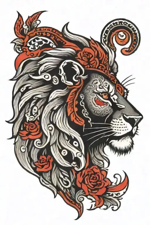 lion in black with white and red details in its eyes and surroundings tattoo design idea