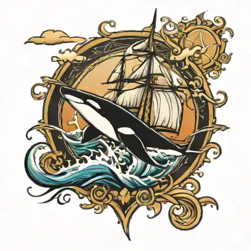 sail boat in storm with orca diving tattoo design idea