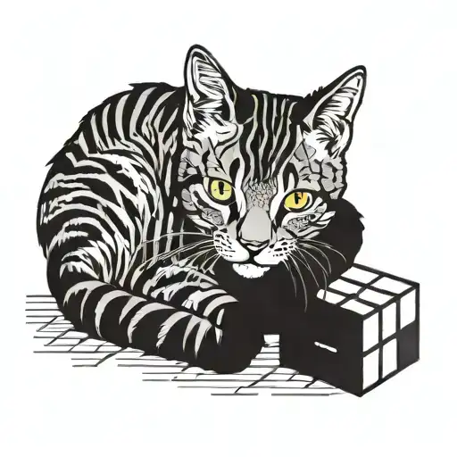 grey tabby playing with a rubiks cube while wrapped in movie film tattoo design idea