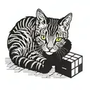grey tabby playing with a rubiks cube while wrapped in movie film tattoo design idea