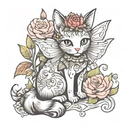 Florist fairy cat in flowers tattoo design idea