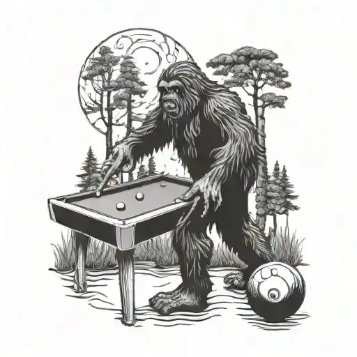 A blackwork tattoo of a mystical bigfoot creature playing pool in a forest clearing, with a full moon shining overhead tattoo design idea