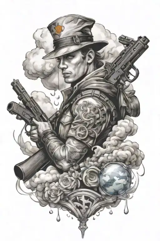 Create me a tattoo sketch in which Hermes, luck, fire, a sniper, clouds and rain are represented and tattoo design idea