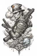 Create me a tattoo sketch in which Hermes, luck, fire, a sniper, clouds and rain are represented and tattoo design idea