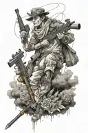 Create me a tattoo sketch in which Hermes, luck, fire, a sniper, clouds and rain are represented and tattoo design idea