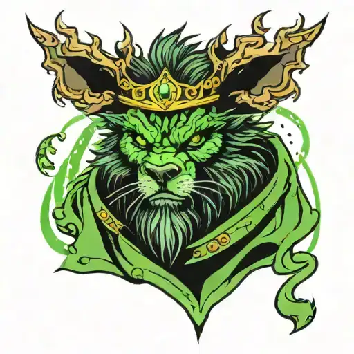 black and white leg tattoo, humanoid werewolf king in a robe and crown, with electric green highlights tattoo design idea