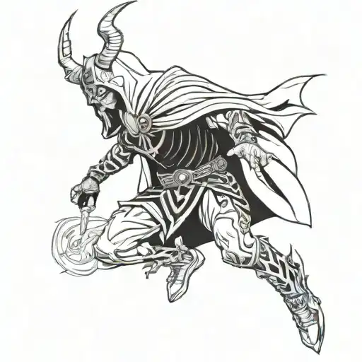 neotraditional black and white full leg sleeve tattoo of odin in a hood with lightning coming out of his eye with bind r tattoo design idea
