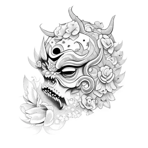 mascara oni con flores tattoo design idea