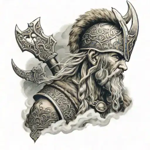 viking from norway with fjord behind them tattoo design idea