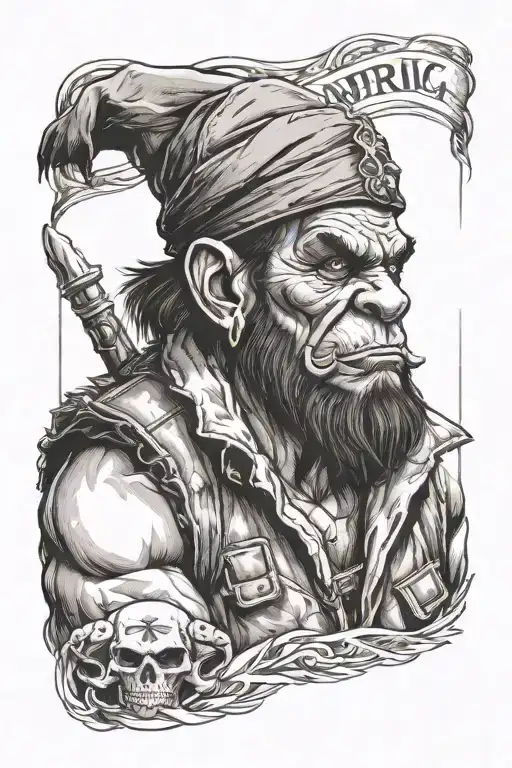 Orc, with crossed arms, in a vest and beret against the background of the imperial flag tattoo design idea