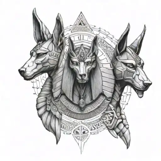 Anubis and Osiris for pectoral with the scarab below and the pyramids above tattoo design idea