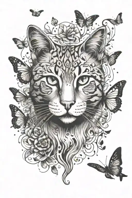 beautiful cat walking front with birds and butterflies tattoo design idea