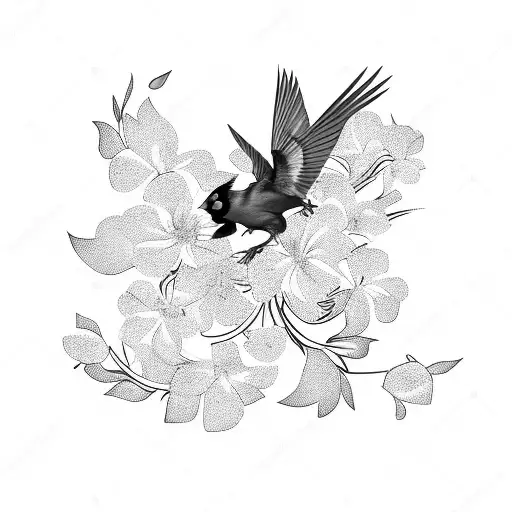 A black-grey tattoo of a cardinal in flight, surrounded by delicate flowers, symbolizing the beauty that emerges from overcoming mental health struggles tattoo design idea