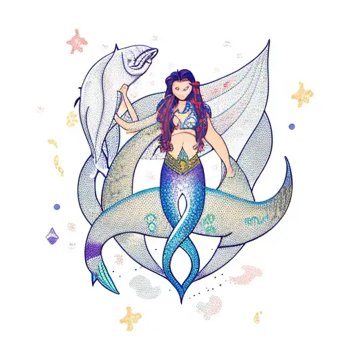 full body mermaid male with big long tail and pisces zodiac sign tattoo design idea