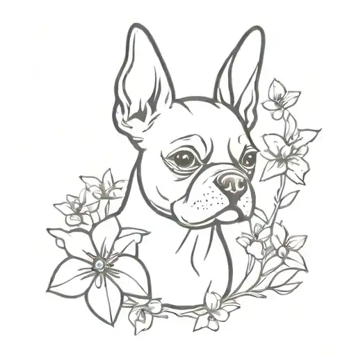 boston terrier ears no body little lines & honeysuckle flowers  tattoo design idea